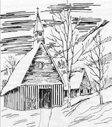Église en colombage recouverte de bois et de paille des premiers temps de la colonie.